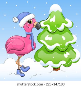 A cute cartoon pink flamingo in a hat and scarf stands next to the fir tree. Winter bird vector illustration on a blue background with snow.