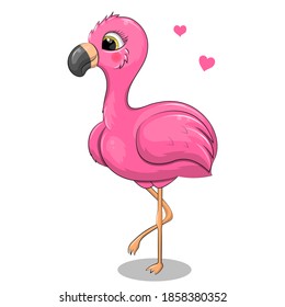 Cute cartoon pink flamingo with hearts. Vector illustration of animal isolated on white.