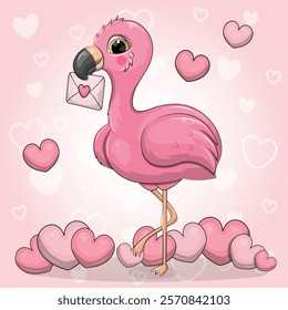 A cute cartoon pink flamingo holds a love letter. Vector illustration of an animal on the pink background with hearts.