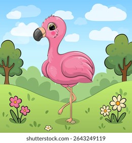 Cute cartoon Pink Flamingo in nature. Vector illustration of an animal with red flowers, green grass and trees.