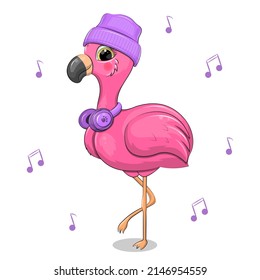 Cute cartoon pink flamingo with a purple hat and headphones. Vector illustration of an animal on a white background with musical notes.