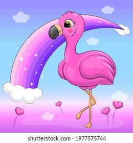 Cute cartoon pink flamingo and rainbow. Vector illustration of an animal.
