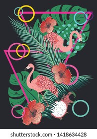 Cute cartoon pink flamingo with tropical leaves and fruits design illustration.
