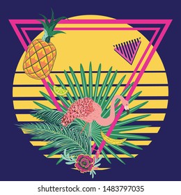 Cute cartoon pink flamingo with tropical leaves and fruits design illustration.