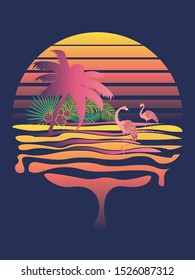 Cute cartoon pink flamingo with tropical leaves and fruits design illustration.