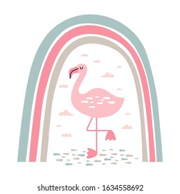 Cute cartoon with pink flamingo under rainbow print