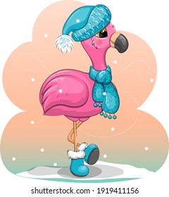 Cute cartoon pink flamingo in a winter hat, scarf and boots. Winter bird vector illustration.
