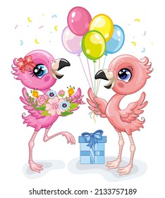 Cute cartoon pink flamingos with flowers, present and balloons birthday and party concept. Vector illustration isolated on white background. For card, poster,design, decor, apparel