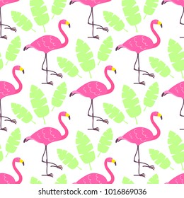 Cute cartoon pink flamingos and green tropical leaves isolated on white background. Vector seamless pattern can be used for posters, banners, t-shirt print, party invitaions, wrapping