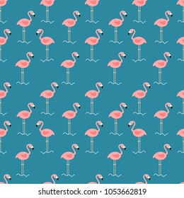 Cute cartoon, pink flamingos, seamless pattern vector. Flat cartoon design on navy blue background.