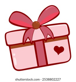 Cute cartoon pink gift box with red ribbon and heart, isolated on white background. Holiday vector object for love, celebration, gifting, greeting cards, invitations.