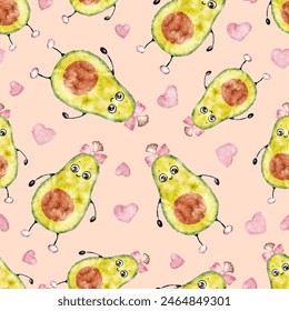 Cute cartoon pink girl avocado seamless pattern