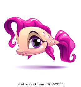 Cute cartoon pink girl fish character, isolated on white, beautiful vector girlish illustration