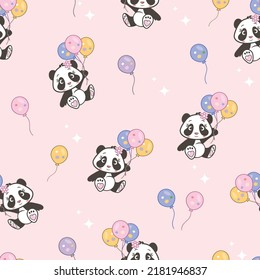 cute cartoon pink girl panda holding colorful balloons seamless vector background