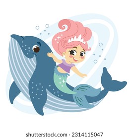 Cute cartoon pink haired mermaid ride on a friend whale. Vector cartoon isolated illustration in flat style. White background. For print, design, poster, sticker, card, decoration and t shirt design