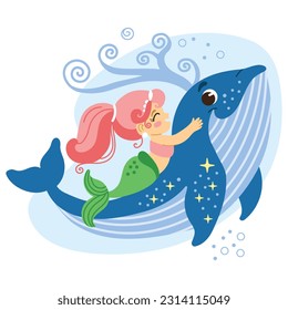Cute cartoon pink haired mermaid ride on a friend whale. Vector cartoon isolated illustration in flat style. White background. For print, design, poster, sticker, card, decoration and t shirt design