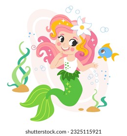 Cute cartoon pink haired mermaid with a friend fish. Vector cartoon isolated illustration in flat style. White background. For print, design, poster, sticker, card, decoration and t shirt design