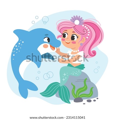 Cute cartoon pink haired mermaid with a friend dolphin. Vector cartoon isolated illustration in flat style. White background. For print, design, poster, sticker, card, decoration and t shirt design