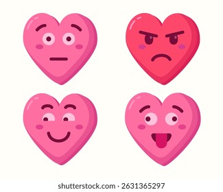 Cute cartoon pink hearts with different expressions isolated set collection