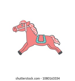 Cute cartoon pink horse with saddle running, domestic farm animal vector colorful illustration isolated on white background, decorative mammal for character design, mascot, zoo alphabet, invitation