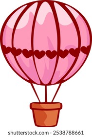 Cute cartoon pink hot air balloon adorned with row of red hearts, isolated on white background. Vector design for themes of love, travel, and adventure.