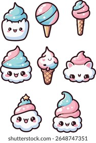 Cute cartoon pink ice cream, cupcakes, and dessert illustrations, for a sweet birthday party celebration