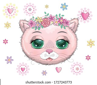 Cute Cartoon pink kitten face on a flovers background.