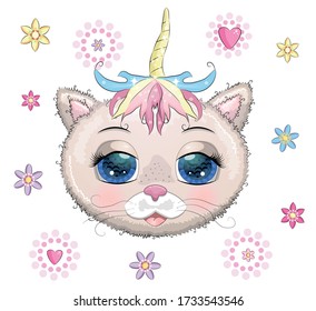 Cute Cartoon pink kitten face on a flovers background.