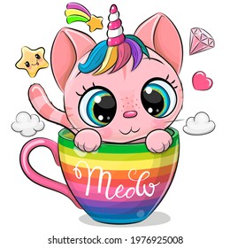 Cute Cartoon pink Kitten with the horn is sitting  in a rainbow cup