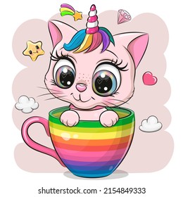 Cute Cartoon pink Kitten with the horn is sitting in a rainbow cup