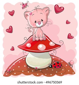 Cute Cartoon pink kitten on the mushroom