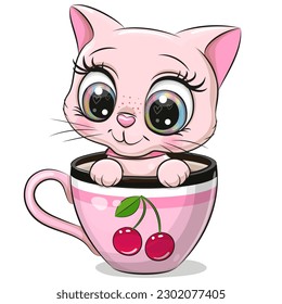 Cute Cartoon Pink kitten is sitting in a Cup with cherry print