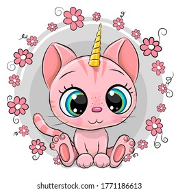 Cute Cartoon Pink Kitten Unicorn with flowers