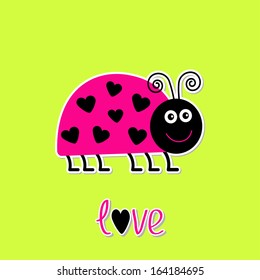 Cute cartoon pink lady bug with dots in shape of heart. Green background. Love card. Vector illustration.