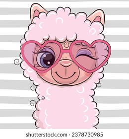 Caricatura suave Lama rosa con gafas de corazón rosadas