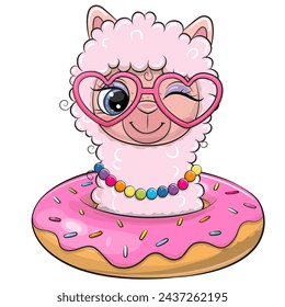 Lindo Lama rosa de dibujos animados con gafas de corazón rosadas y donut