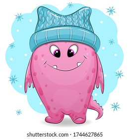 Cute cartoon pink little baby monster in winter hat. Winter vector illustration of a creature  with snowflakes on the background.