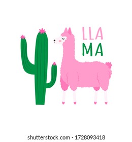 Cute cartoon pink llama sniffing a flower on a cactus. Flat vector illustration isolated on white background.