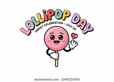 Cute cartoon pink lollipop mascot for lollipop day celebration july 20 with sweet smile and heart icon