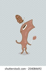 Cute cartoon pink monster with butterfly