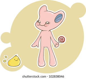 Cute cartoon pink monster with lollipop and yellow pet. Vector illustration