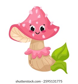 Cute cartoon pink mushroom. Vector illustration on white background. For prints, fabric, publications, games.