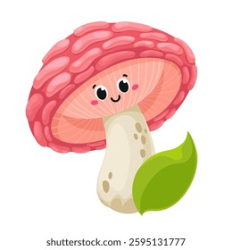 Cute cartoon pink mushroom. Vector illustration on white background. For prints, fabric, publications, games.