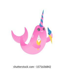 Cute cartoon pink narwhal with two ice creams. Cute sea unicorn with gradient, cartoon animal, isolated vector illustration of narwhals on white background.