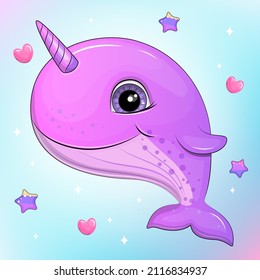 Cute cartoon pink narwhal. Underwater animal vector illustration with stars and hearts.