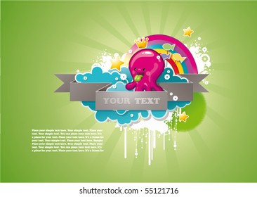 cute cartoon pink octopus with blue clouds, gold stars and rainbow against green background.