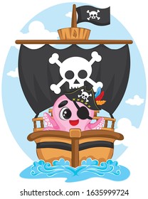 Cute cartoon pink octopus character pirate with an eye patch, funny ocean coral reef animal vector Illustration and ship on the sea