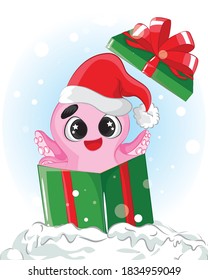 Cute cartoon pink octopus character pirate with an eye patch on pirate ship, funny ocean coral reef animal vector Illustration