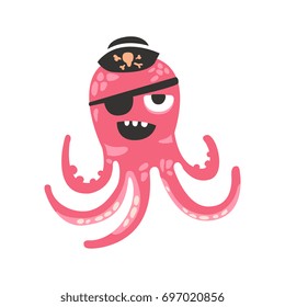 Cute Cartoon Pink Octopus Character Pirate With An Eye Patch, Funny Ocean Coral Reef Animal Vector Illustration