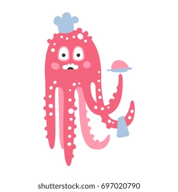 Cute cartoon pink octopus chef character, funny ocean coral reef animal vector Illustration